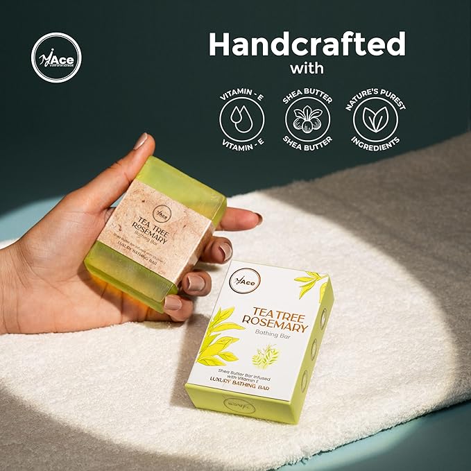 MY ACE Tea Tree & Rosemary Bathing Bar – Handmade with Essential Oils & Coconut Oil, SLES & Paraben Free, Enriched with Shea Butter & Vitamin E – Refreshing & Gentle