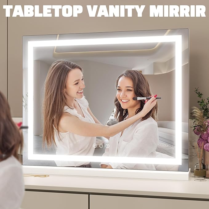 HNV 22.8"x18" Lighted Makeup Mirror with 10X Magnification, LED Vanity Mirror with 3-Color Dimmable Touch Control, Tabletop or Wall-Mounted Makeup Mirror, White