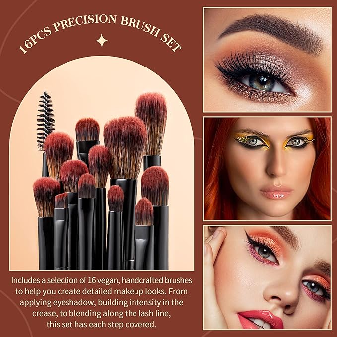 Jessup Eye Brushes Set, Vegan Makeup Brushes with Concealer Powder Eyeshadow Blending Eyeliner Spoolie Brush, 16pcs Premium Synthetic Black Cosmetic Brush T272