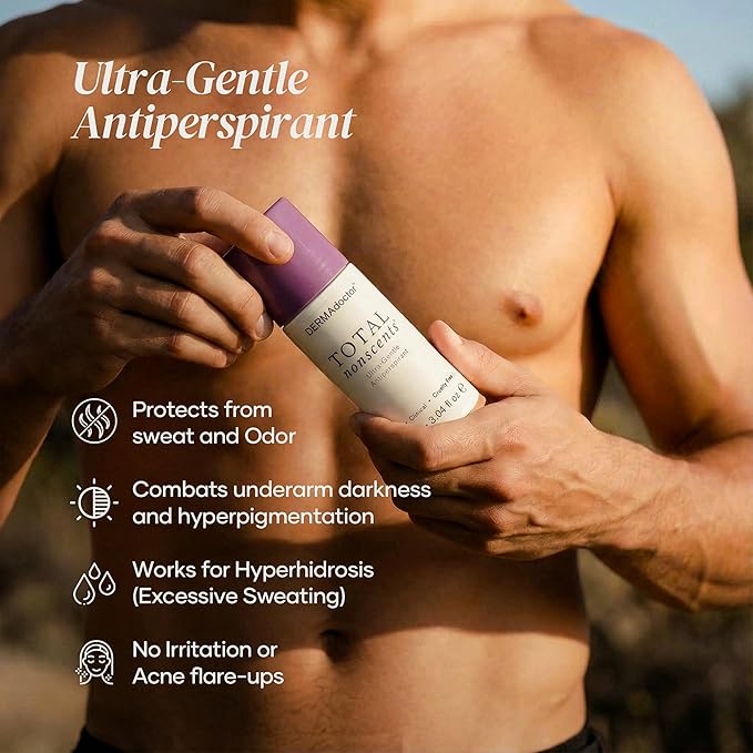 DERMAdoctor Antiperspirant for Women, Total NonScents Ultra-Gentle Unscented Antiperspirant for Sensitive Skin deodorant, Clinical Strength Deodorant For Women & Men; Hypoallergenic Roll On - 3.04 oz