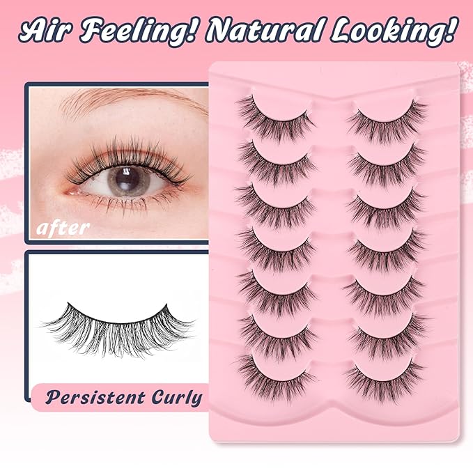 Lashes False Eyelashes Natural 16mm Wispy Lashes Pack Fluffy Eyelashes C Curl Strip Lashes Weightless Fake Lashes 0.1MM Thin Band Eyelash 3D Volume Siligli 7 Pair Lash