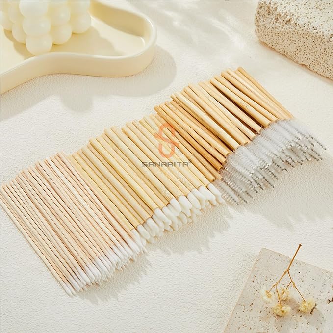 300PCS Bamboo Eyelash Extension Kit – Disposable Micro Swab Brushes, Natural Material Spoolies, Lip Brushes, Mascara Wands, Makeup Applicator Tools
