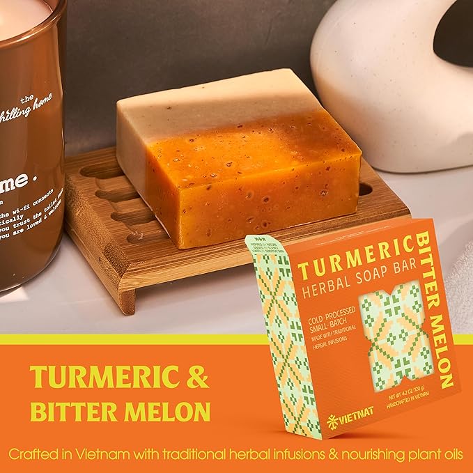 Turmeric & Bitter Melon 2-in-1 Luxurious Natural Soap Bar (4.2 oz) | Herbal Freshness & Gentle Refreshing Cleanse | Cold-Processed, Handmade in Vietnam