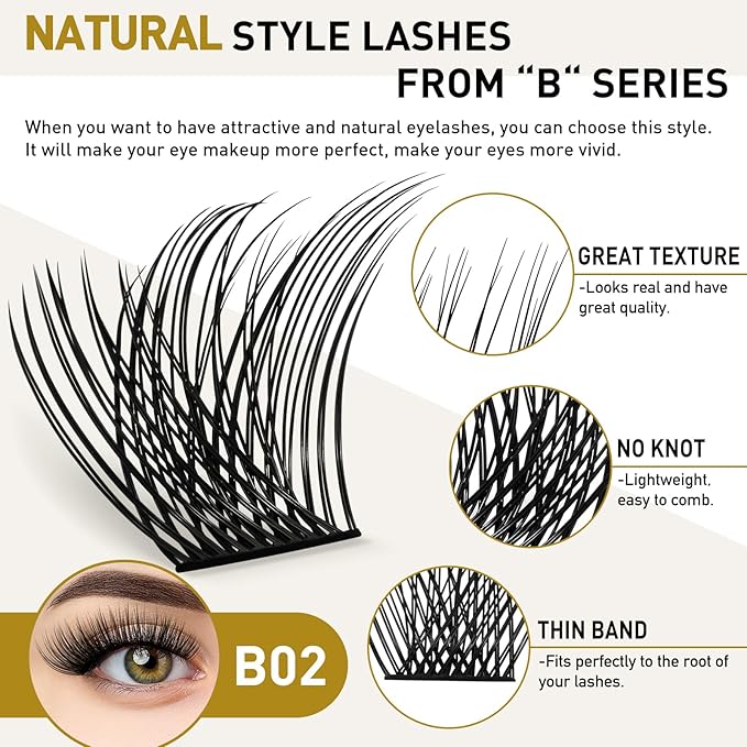 B&Qaugen Lash Clusters B02 DIY Eyelash 72 Cluster Lashes C D Curl Mega Volume Individual Lashes Eyelash Clusters Wispy Lashes Cluster DIY at Home (NM-D-8-16MIX)