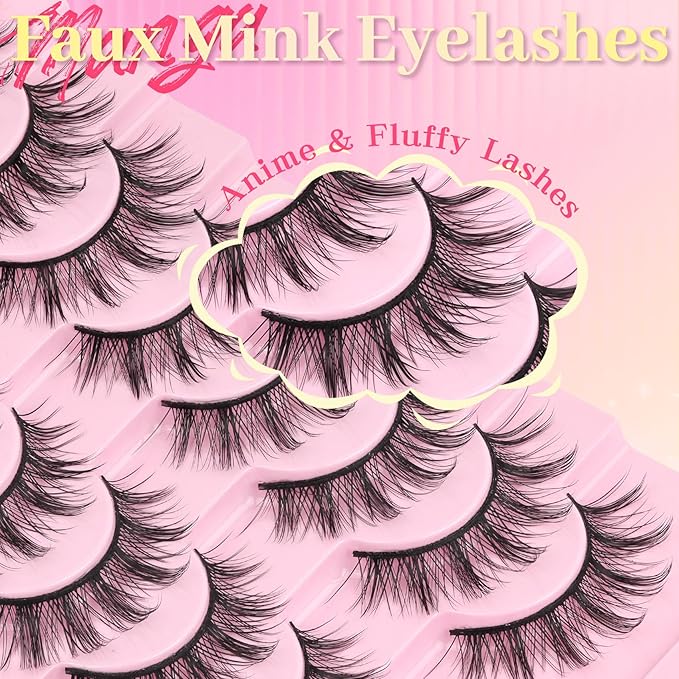 Ahrikiss Lashes Manga Lashes Anime Wispy False Eyelashes 8 Pairs Faux Mink Lashes Fluffy Fake Eyelashes 3D Volume Fake Lashes 9-16mm Soft Spiky Strip Lashes Natural Look (Princess)