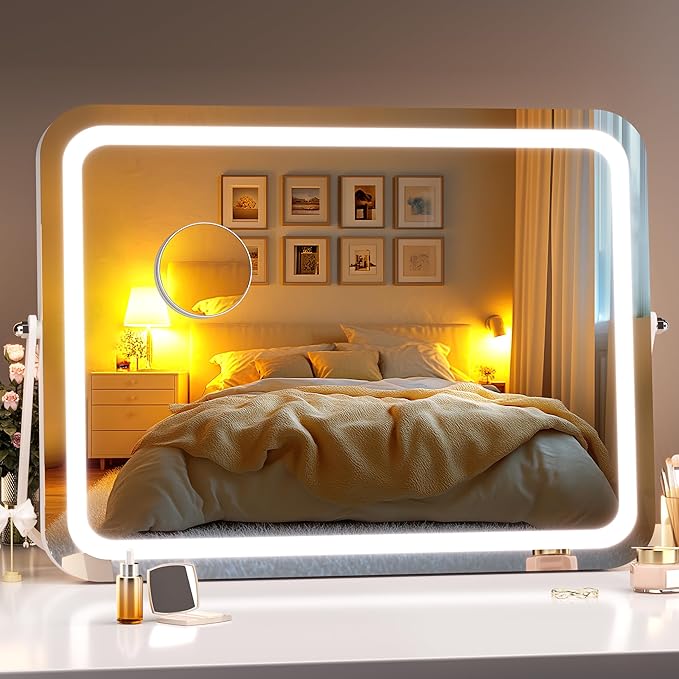 Hasipu Vanity Mirror with Lights, 18" x 14" LED Makeup Mirror, 3 Modes Light, Smart Touch Control Dimmable, 360°Rotation, Rectangle White Frame, with 5X Magnifying Glass