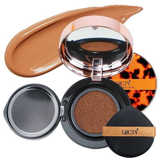 QueenDiary Moisture Cushion CC Cream Foundation for Mature Skin - Flawless Concealer BB Cream, Long-Lasting Waterproof Air Cushion CC,Lightweight, Buildable Coverage, Semi-Matte(Deep)