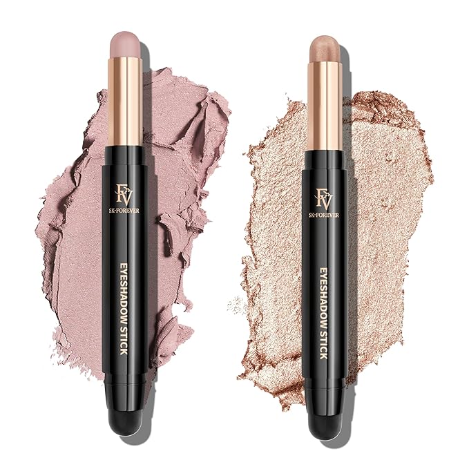 FV Waterproof Eyeshadow Stick Duo,Long-Lasting Cream Eye Shadow Makeup Sets, High Pigmented Eyeshadow Pencil with Matte & Shimmer Finish, Natural Look (Rose & Champagne)