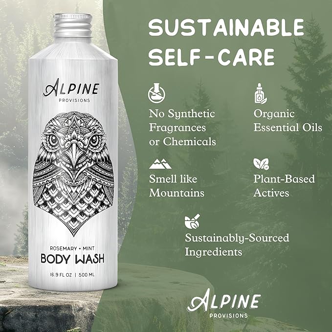 Alpine Provisions Natural & Organic Body Wash with Rosemary & Mint – Moisturizing Body Wash with Aloe Vera, Coconut Oil & Essential Oils – Vegan, Sulfate-Free, Plastic-Free – 16.9 fl oz