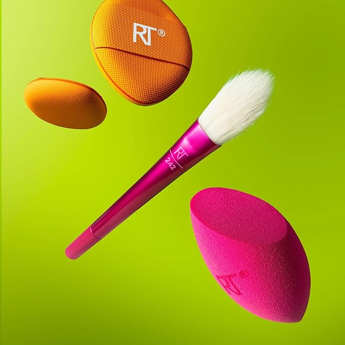 Real Techniques Vivid Escape Bright Eyes Concealer 4 Piece Set, Includes Kitten Paw Makeup Brush, Powder Puff, & Concealer Makeup Blending Sponge, Targeted Concealing, Travel Friendly, Cruelty-Free