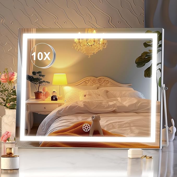 Hasipu Vanity Mirror with Lights, 17.7" x 13.8" LED Makeup Mirror with 10X Magnification, Smart Touch 3 Colors Dimmable, Brightness Adjustment, 360° Rotation, White