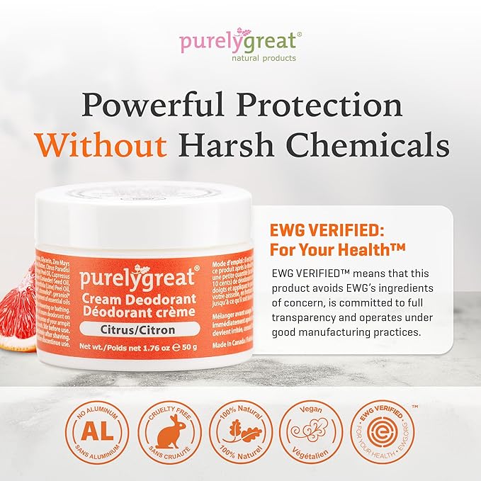 Purelygreat Aluminum-Free Deodorant Cream, Citrus Scent, 1.76oz