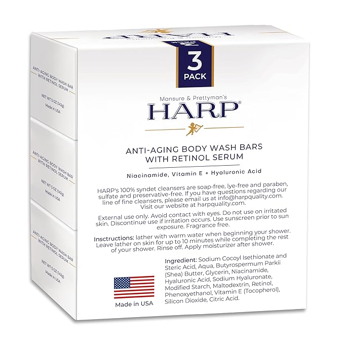 HARP® Anti-Aging Body Wash Bar with Retinol – pH Balanced Syndet Cleanser, Fragrance Free, Soap-Free & No Lye, Non-Comedogenic, With Niacinamide, Hyaluronic Acid & Vitamin E, 3-5oz Bars.