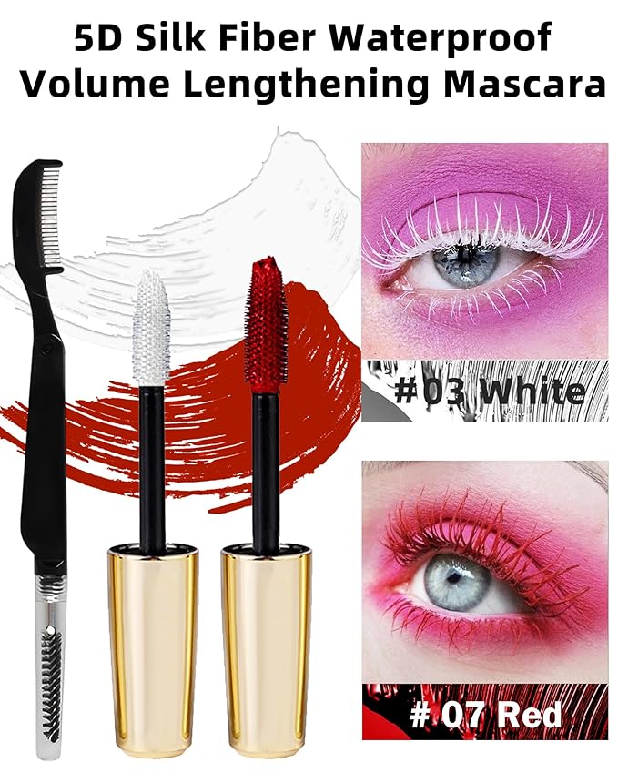 Red White Waterproof Mascara for Eyelash, 5D Silk Fiber Lashes Extension Colored Tube Mascara with Eyelash Brush, Long Lasting Smudge-proof Volumizing Lengthening, Eye Makeup Party Gift for Women