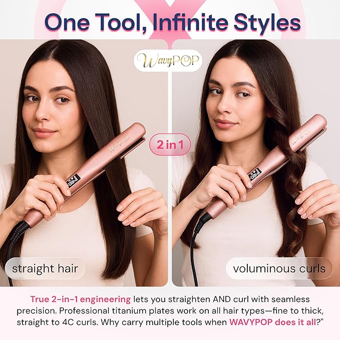 2 in 1 Professional Dual-Voltage Titanium Flat Iron Hair Straightener | up to 480°F | 10s Heat-Up | Straightening Iron & Hair Curling Wand 1.75" with Ceramic MCH Fast Heat, Auto Shut Off