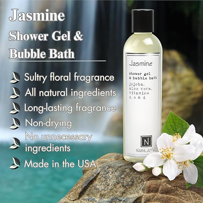 Nabila K Jasmine Shower Gel & Bubble Bath, 2.4 oz – Non-Drying Body Wash with Jojoba, Aloe Vera & Vitamins – Naturally-Derived, Sulfate-Free – Made in USA – For Men & Women