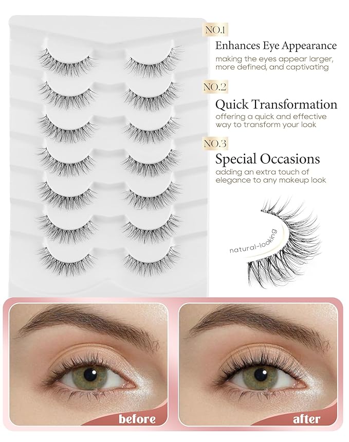 Onlyall Natural False Eyelashes Wispy Clear Band Fake Lashes H86