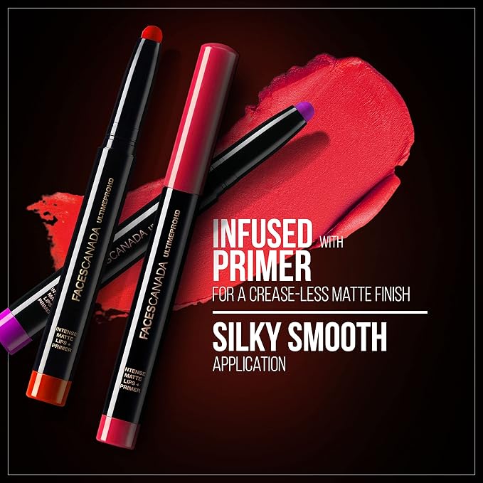 Faces Canada Ultime Pro HD Matte Lip Crayon with Primer | Long Lasting 9HR Stay Lip Color | Smooth Glide, Bold Pigment, Non-Drying Finish | Bloodmoon (Red) Shade - 0.04 Oz (1.14g)
