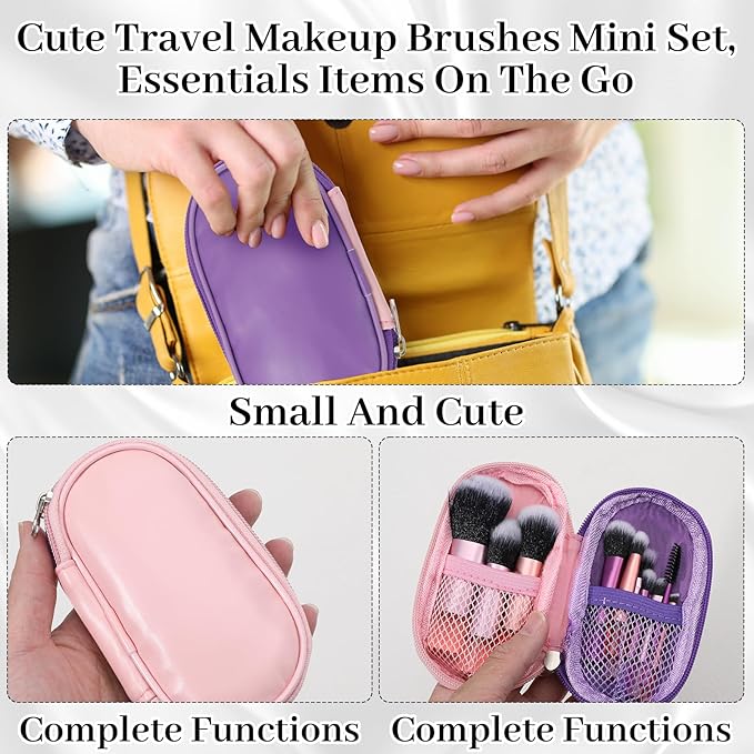 10 Pcs Mini Travel Makeup Brushes Set with Pouch, Short Handle Makeup Brushes for Women Girls Portable Full Complete Function Cosmetic Kit Brush Blush Powder Eye Shadow