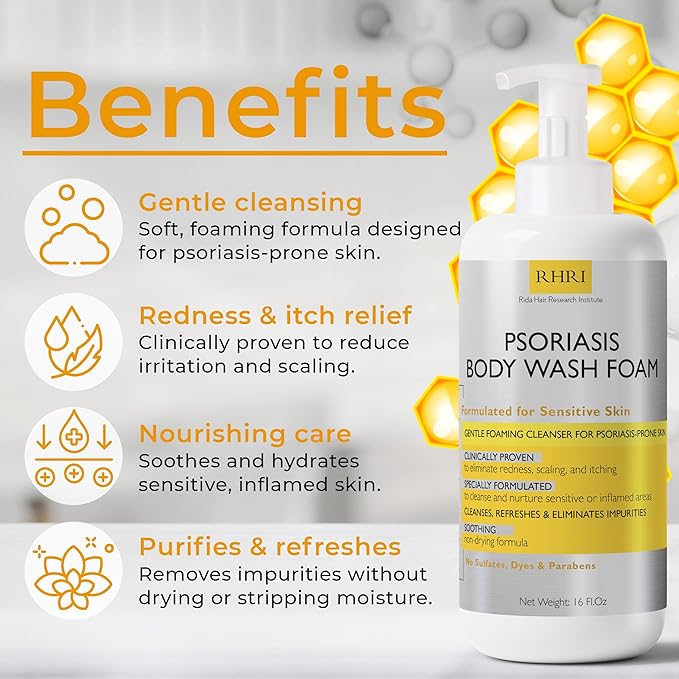 Psoriasis Body Wash Sensitive Skin | Psoriasis Treatment for Skin | Clinically Proven to Reduce Redness, Scaling & Itching | No Sulfates, Parabens | Free Scrubber Brush | 16 Fl.Oz