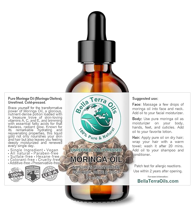Bella Terra Oils - Organic Moringa Seed Oil 2 oz - Luxuriously Cold-Pressed, High in Vitamin A, C & E, Abundant in Oleic Acid, A Facial Elixir for Radiant Beauty