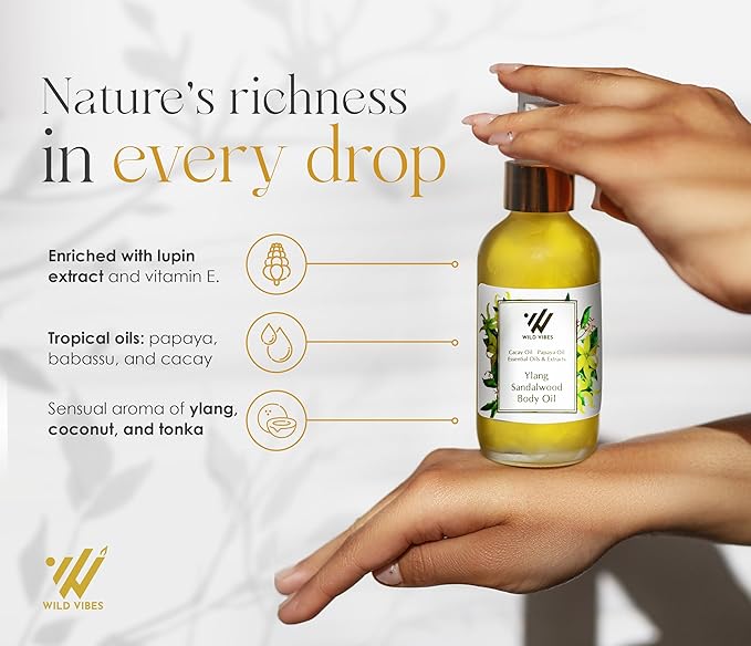 Wild Vibes Ylang Sandalwood + Amber Body Oil with Vitamin E for Women After Shower – Silky Botanical Blend with Jojoba, Papaya Seed & Cacay Oil – Fast-Absorbing Hydration for Smooth Skin 4oz