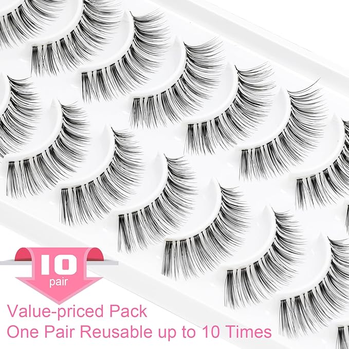 False Eyelashes Natural Lashes Wispy - 0.1mm Ultra Thin Clear Band 12mm Pestañas Postizas Naturales Cat Eye Reusable 10 Pairs Demi Wispies Short Fake Lashes Strips by EMEDA (WISPY 01)