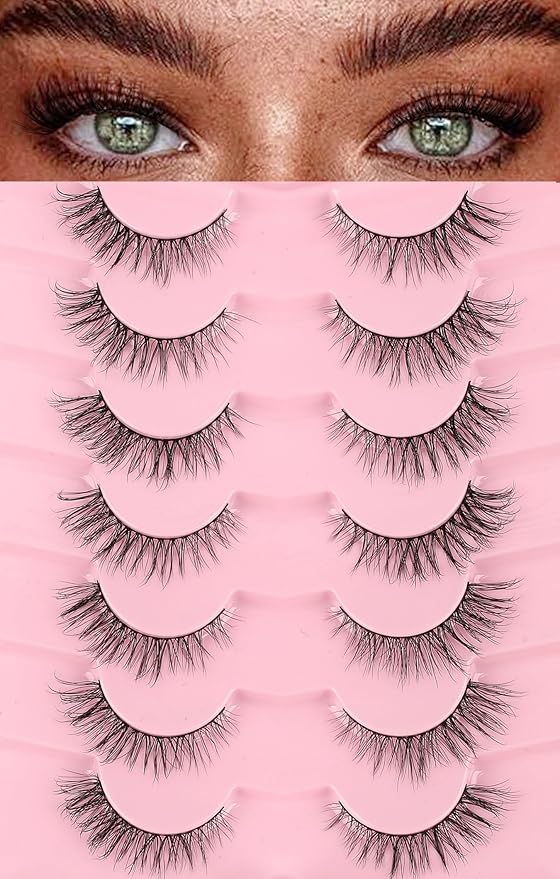 Natural Cat Eye Lashes - 14mm Wispy Eyelashes with Thin Band, 3D Volume, Soft Strip Lashes Pack C Curl - 7 Pair
