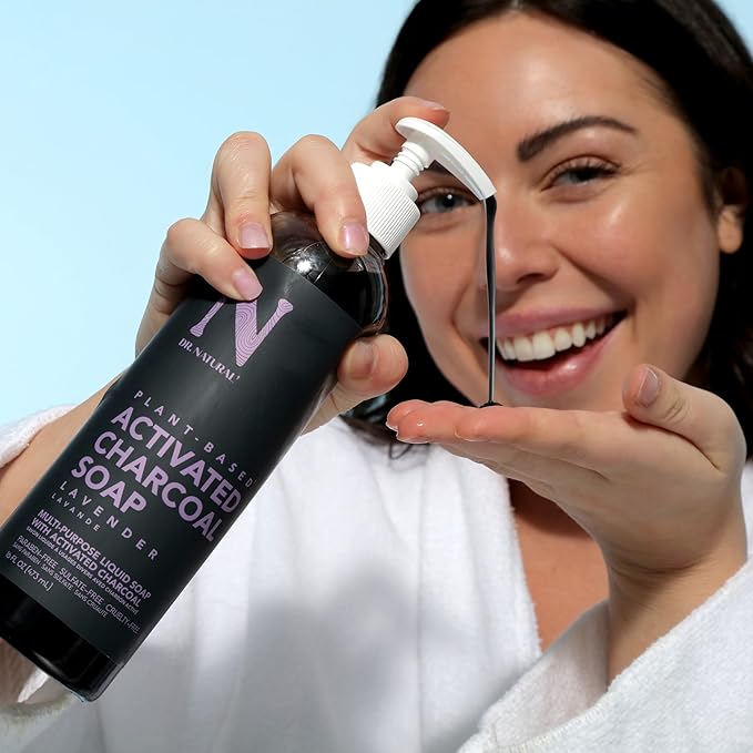 Dr. Natural Activated Charcoal Liquid Soap - Anti Acne and Blemishes - Deep Cleansing Body Wash - Gentle Body Soap for Clear Skin - Lavender - 16 oz