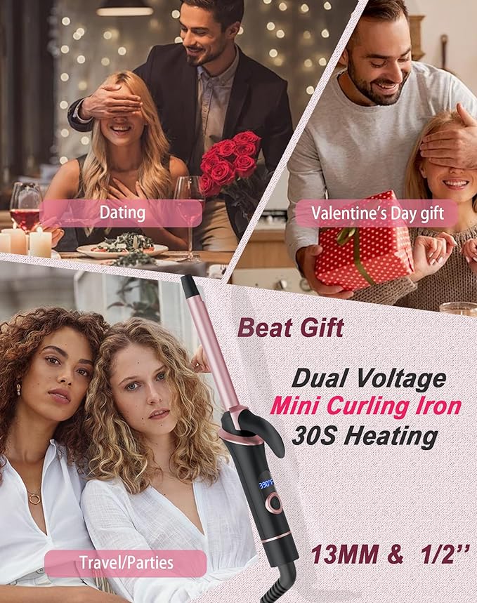 Ukliss Mini Curling Iron for Short Hair Dual Voltage Ceramic Travel Small Curling Iron 1/2 Inch Barrel Curler Portable with 30S Fast Heating, 5 Temps, Auto Shut-Off for Global (1/2'' Black)