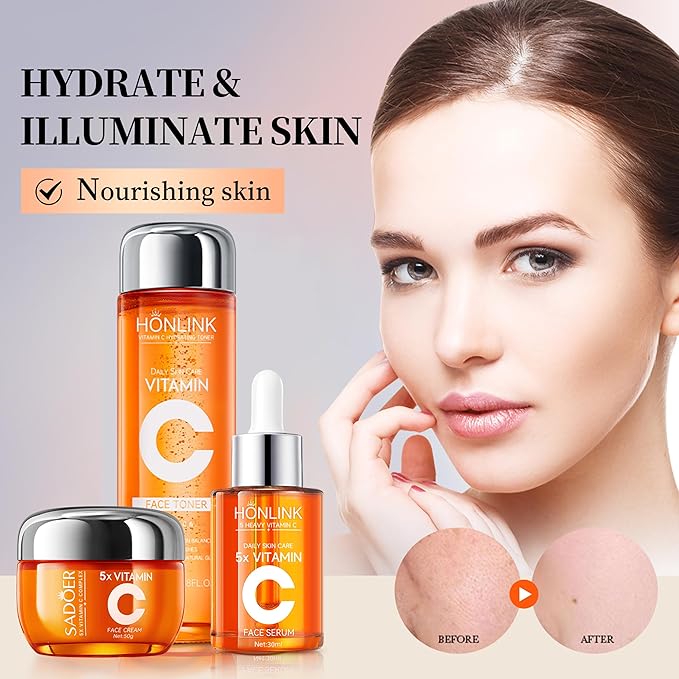 Vitamin C Skincare Trio: Face Serum, Moisturizing Cream & Hydrating Toner, 5X Vitamin C Complex with Hyaluronic Acid, Complete Daily Routine to Refresh & Nourish Skin, For All Skin Types