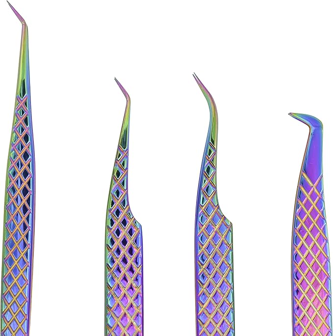 M LASH Tweezers for Eyelash Extensions (Set of 4) - Professional Lash Extension Tweezers - Fiber Tip, Japanese Steel, Diamond Grip Eyelash Extension Tweezer (Multi-Color)
