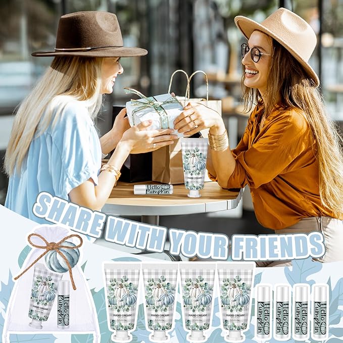 144 Pcs Fall Pumpkin Lip Balm Hand Cream Set Party Favors, Include 36 Blue Pumpkin Lip Balm 36 Moisturizing Hand Cream 36 Bags 36 Cards and Ropes for Autumn Accessories Gifts