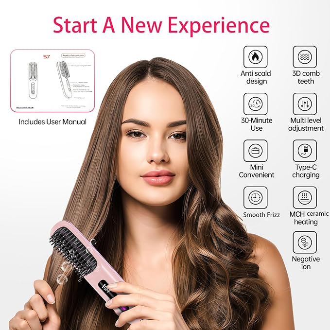 Cordless Hair Straightener Brush for Travel, 200 Million Negative Ionic Portable Hair Straightener Comb for Women with LED Display & 3 Temps, 30s Fast Heating USB Charging Smooth Frizz(Pink