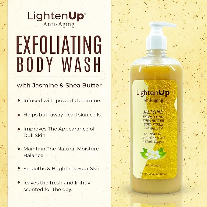 OMIC Lighten-Up Exfoliating Body Wash - 33.8 Fl oz / 1000 ml - Formulated to Exfoliate and to Nourish Skin, with Shea Butter, Jasmine Oil Argan Oil