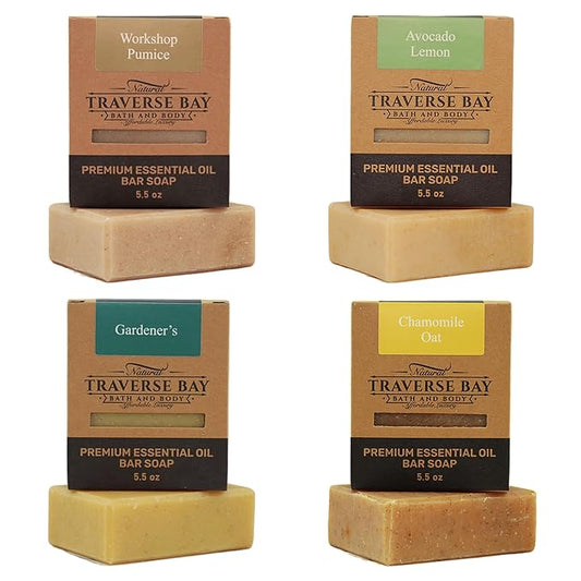 Traverse Bay Bath and Body Natural Cold Process Soap Scrub & Sooth 4-Bar Variety Pack, Workshop Pumice, Avocado Lemon, Gardener's, Chamomile Oat, 5.5 oz Each, 22+ oz Total