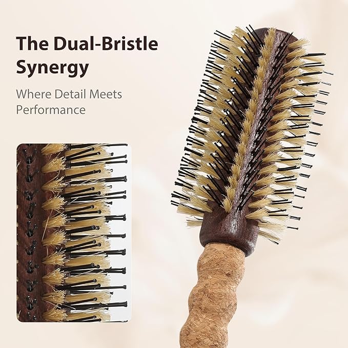 Premium Boar Bristle Hair Brush with Nylon | 2.5" Barrel Blowout Round Brush | No-Snag Ergonomic Cork Handle | Flawless Volume & Shine for Normal to Thick Hair