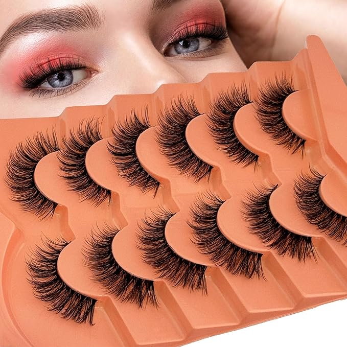 Cat Eye Lashes False Eyelashes Natural Look, Yasnai Wispy Fake Lashes Volume Lashes, Strips Lashes Natural Eyelashes Clear Band 6 Pairs Pack
