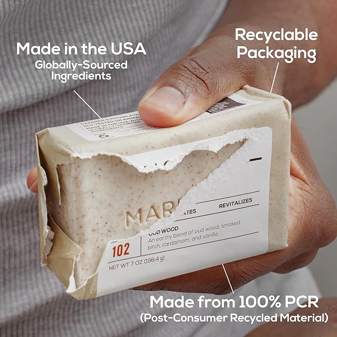 MARLOWE. No. 102 Body Scrub Soap 7 oz, Oud Wood, Exfoliating Soap Bar with Shea Butter, Olive Oil & Green Tea Extracts, Cleanses, Smooths & Revitalizes Skin, Earthy & Smoky Scent
