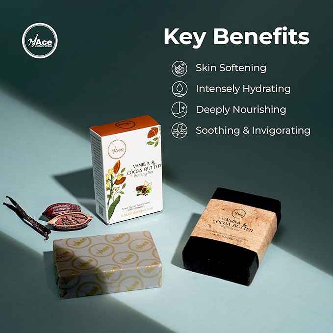 MY ACE Vanilla & Cocoa Butter Gentle Bathing Bar – Handmade Soap with Extracts & Coconut Oil, Shea Butter & Vitamin E, SLES-Free, Moisturizing (3.5oz Each, Pack of 3)