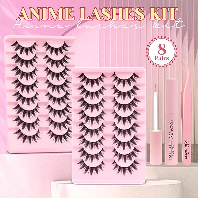 Ahrikiss Lashes Spiky Manga Lashes Anime False Eyelashes 8 Pairs Faux Mink Lashes Kit with Lash Glue and Lash Tweezers Cosplay Thick Fake Eyelashes Soft Wispy Strip Lashes (Doll Kit)