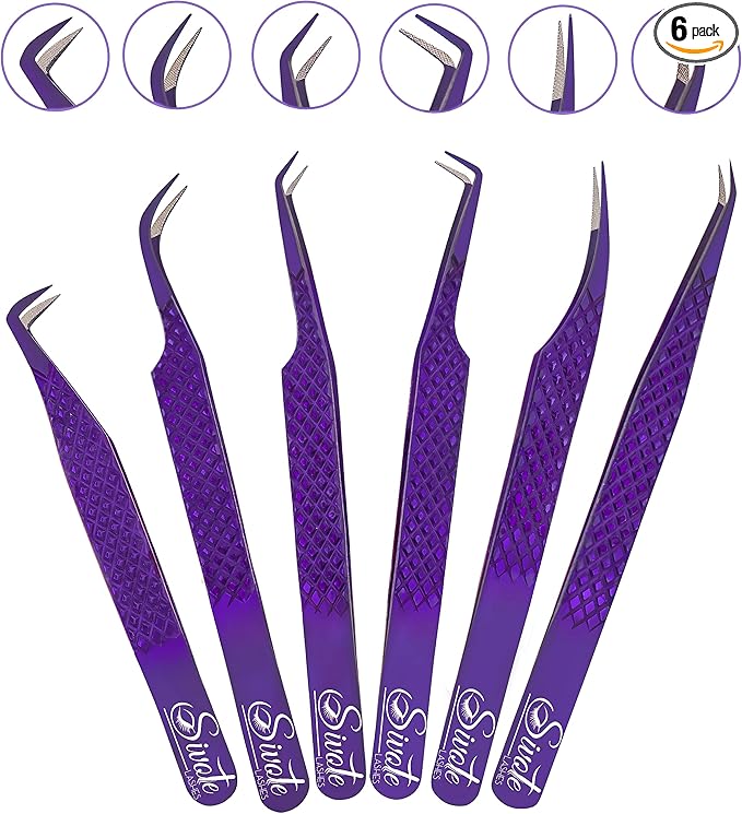 SIVOTE Eyelash Extension Tweezers Fiber Tips, Set of 6, Curved, Dolphin, 90 Degree 45 Degree, Volume Boot & Slight Curved Tweezer, Purple