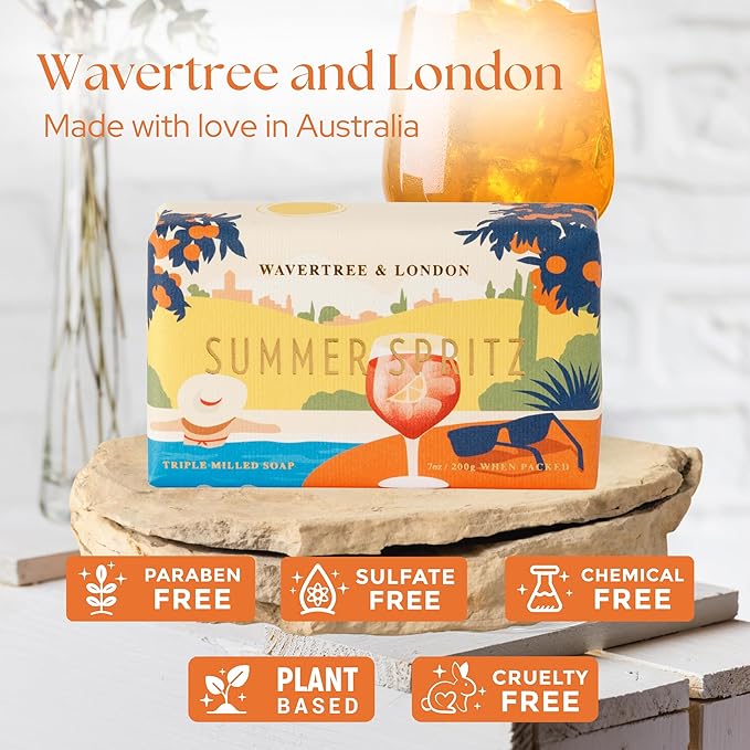 Wavertree & London Summer Spritz Scented Natural Soap Bar, 7oz Moisturizing French Triple Milled Soap Bar for Women & Men Enriched with Organic Shea Butter, Pure Bath & Body Soap (1 Bar)