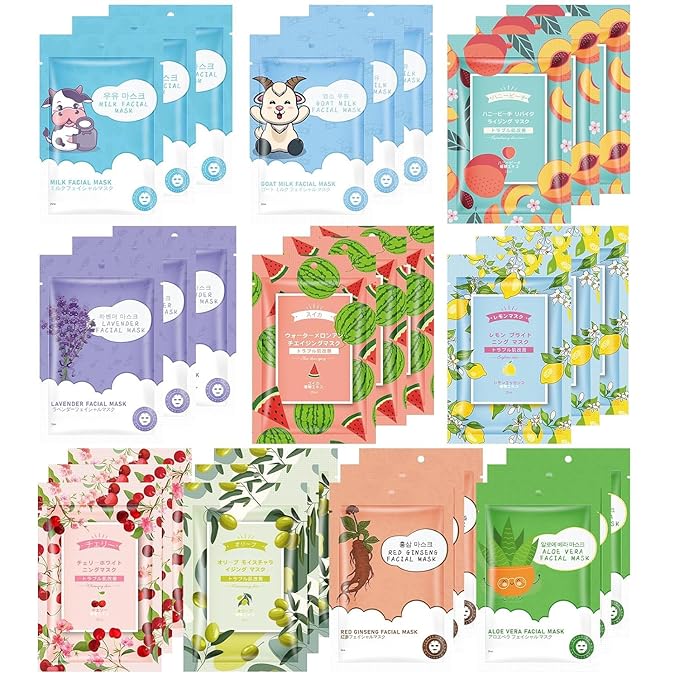30 Sheets Face Masks Skincare for All Skin Types, Hydrating Facial Masks with Natural Ingredients, Moisturing Face Masks for Sensitive Skin, Oil Contral Facial Mask for Women
