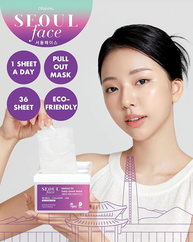DERMAL Seoul Face Retinol + LHA Daily Quick Sheet Mask, 36 Count Pull-Out Dispenser Box with Tweezers, Pore & Wrinkle Care, Collagen + Peptides, Vegan Tencel