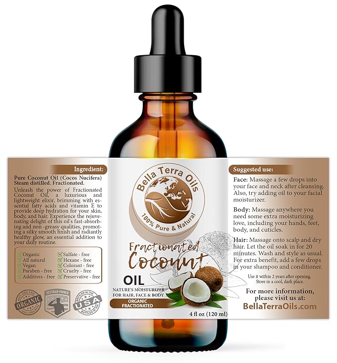 Bella Terra Oils - Organic Fractionated Coconut Oil (MCT) 4oz - Derived from Pure Coconut Essence, Abundant in Capric & Lauric Acid, Your Go-to Companion for Supple Skin