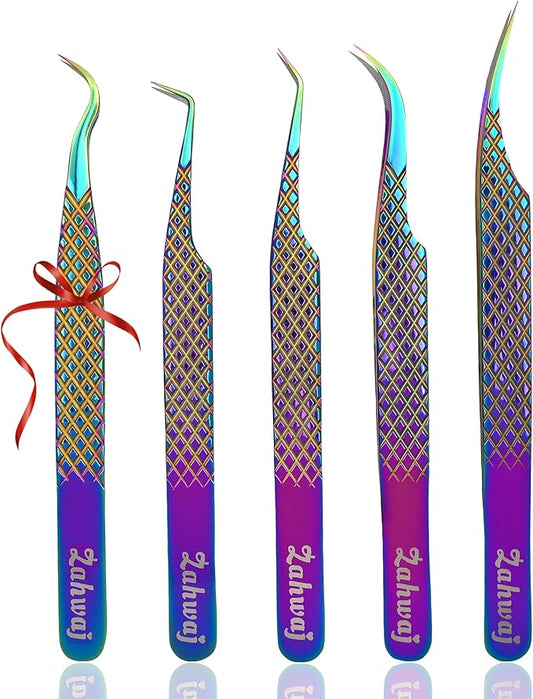 Lash Tweezers - Set of 5 Diamond Grip Eyelash Tweezers - Stainless Steel Professional Fiber Tip Lash Tweezer for Eyelash Extensions (Rainbow)