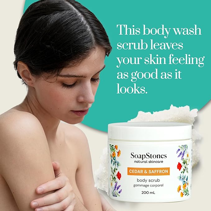 Soapstones Cedar and Saffron Exfoliating Body Scrub - 200 mL - Gentle and Soothing with Safflower Seed Oil - Woodsy, Spicy Aroma Infused Body Scrub Exfoliator
