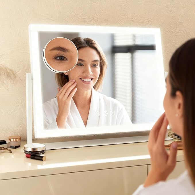HNV Hollywood Vanity Mirror with Lights, 16.3"x12.6" Lighted Makeup Mirror with 10X Magnification, 3 Color LED, Smart Touch & 360° Rotation, Tabletop (White)