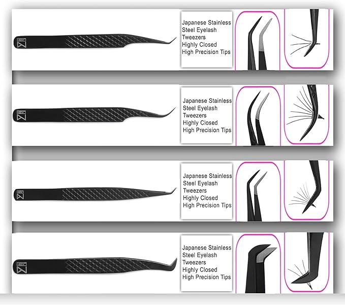 M LASH Tweezers for Eyelash Extensions (Set of 4) - Professional Lash Extension Tweezers - Fiber Tip, Japanese Steel, Diamond Grip Eyelash Extension Tweezer (Black)